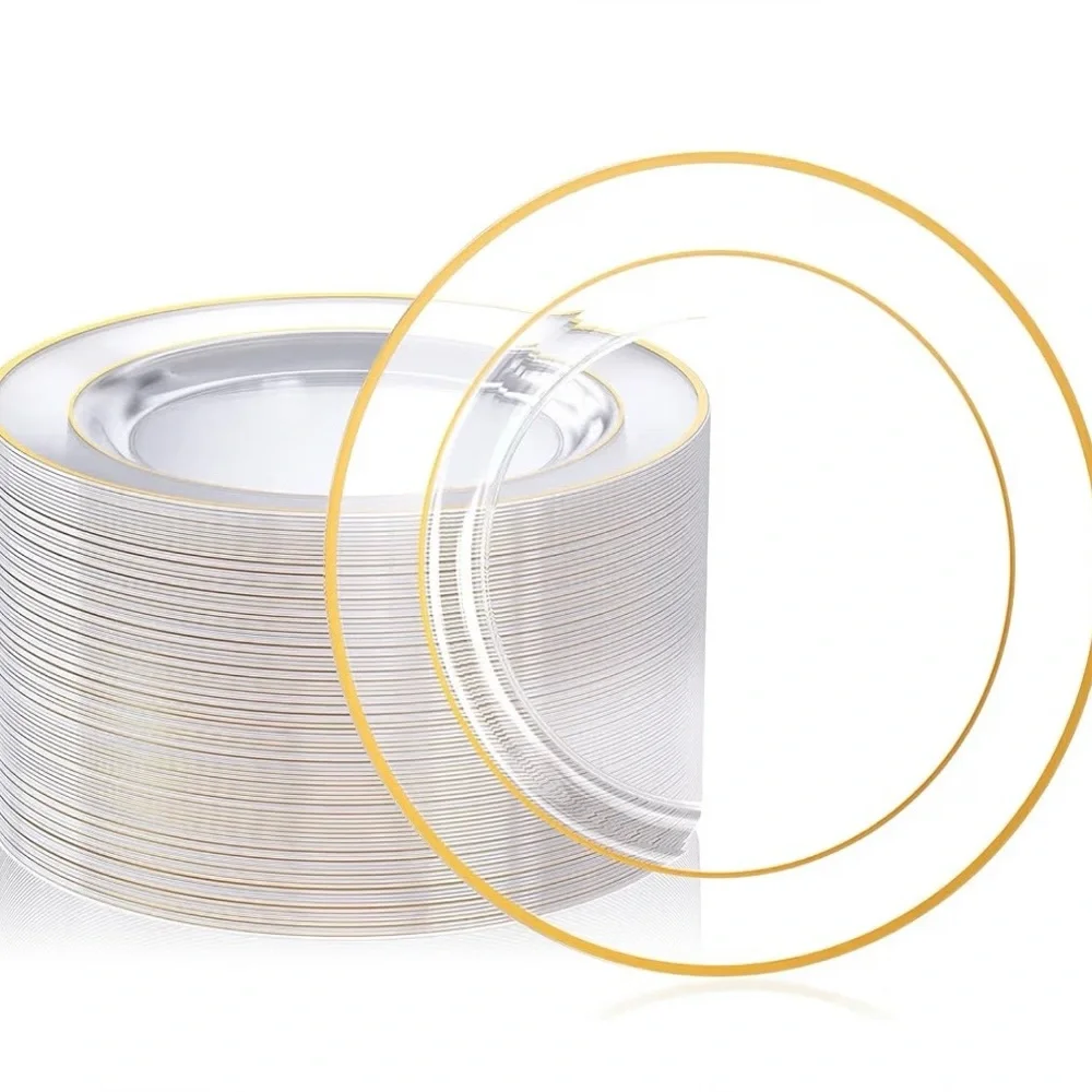 83 FOCUSLINE 10 Inch Clear and Gold Heavy Duty Plastic Plates, New
